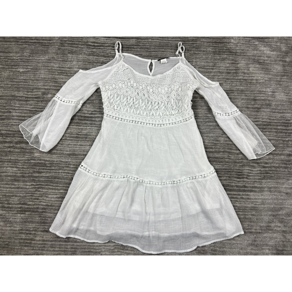 Vivid Importers Womens S White Boho Lace‎ Cold Shoulder Bell Sleeve Tiered Dress